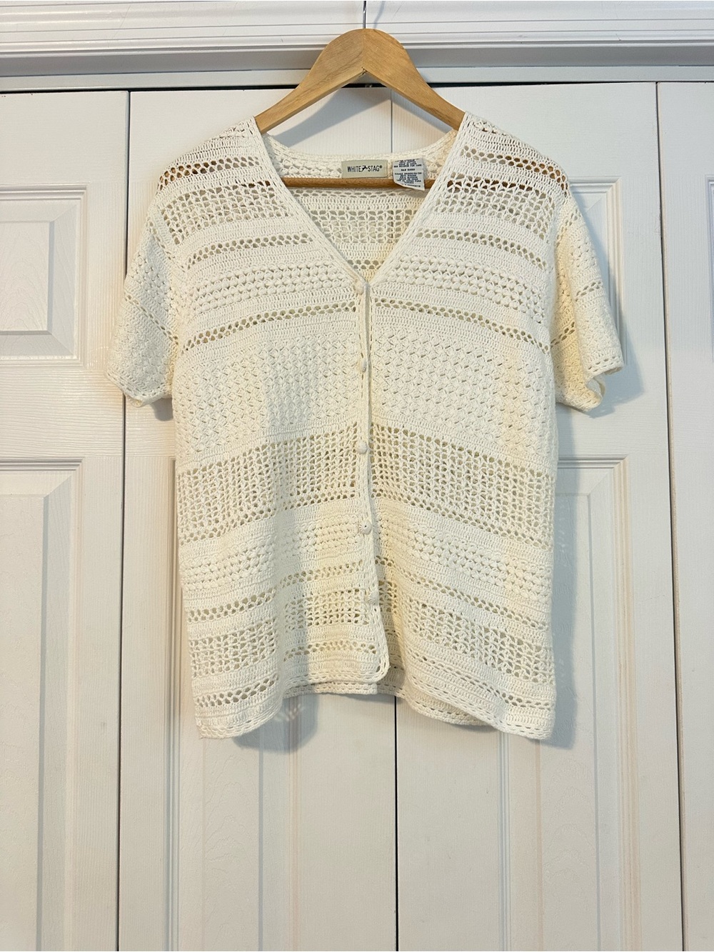 White Stag Cream Crochet Button-Front Cardigan, Large
